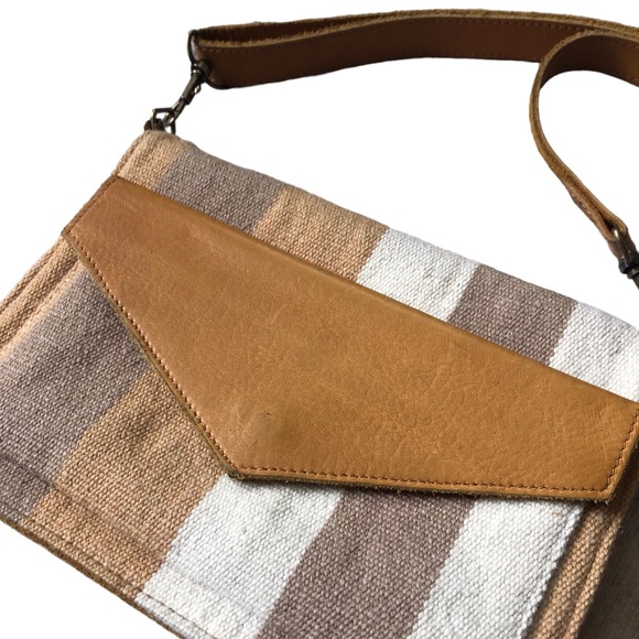 SutiSana Crossbody Organizer Color Sepia Wool Leather Zipper Bag Yellow Stripe - Picture 4 of 16